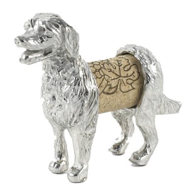 Lucina K Retriever Cork Pet, a solid pewter Golden Retriever with a feathered coat holding a wine cork, on a white background