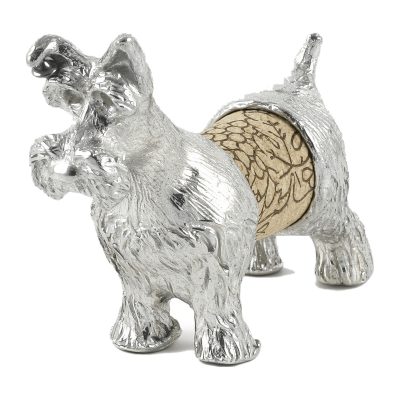 Lucina K Schnauzer Cork Pet, a solid pewter Schnauzer with a bearded muzzle and upright tail holding a wine cork, on a white background